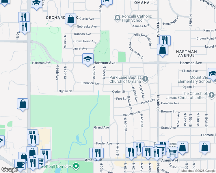 map of restaurants, bars, coffee shops, grocery stores, and more near 6427 Ogden Street in Omaha