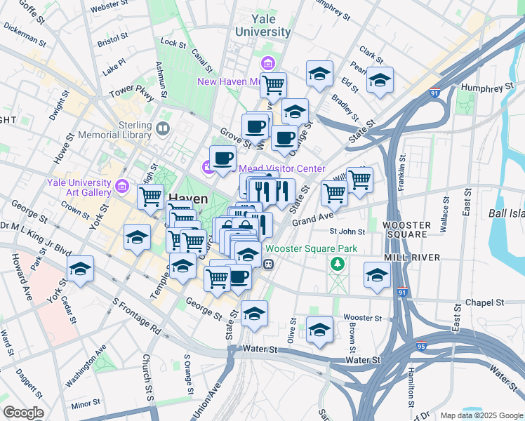 map of restaurants, bars, coffee shops, grocery stores, and more near 32 Elm Street in New Haven