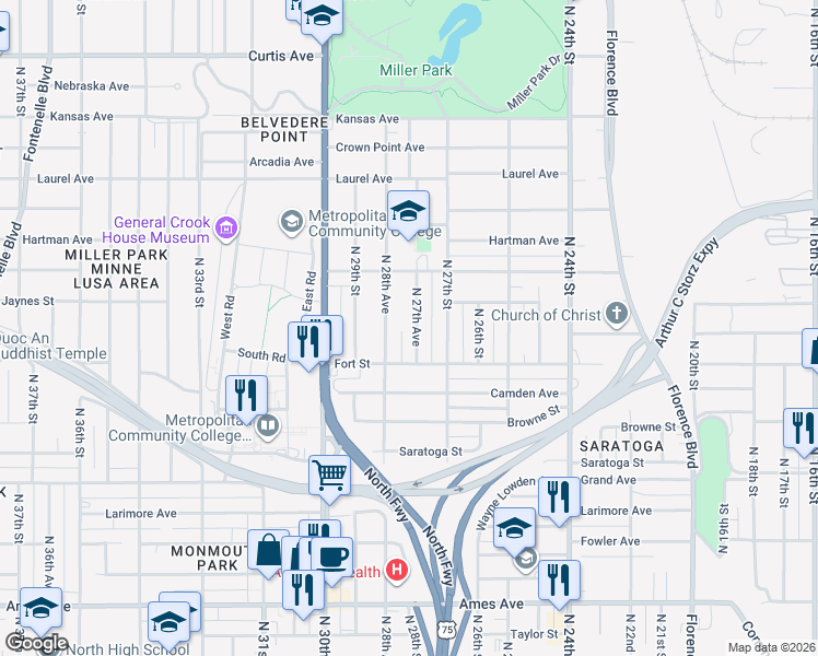 map of restaurants, bars, coffee shops, grocery stores, and more near 2744 Fort Street in Omaha