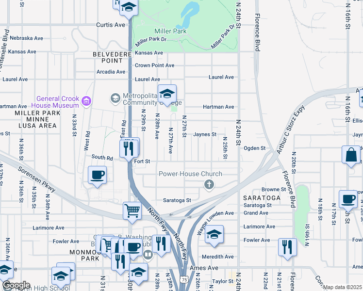 map of restaurants, bars, coffee shops, grocery stores, and more near 5334 North 27th Street in Omaha