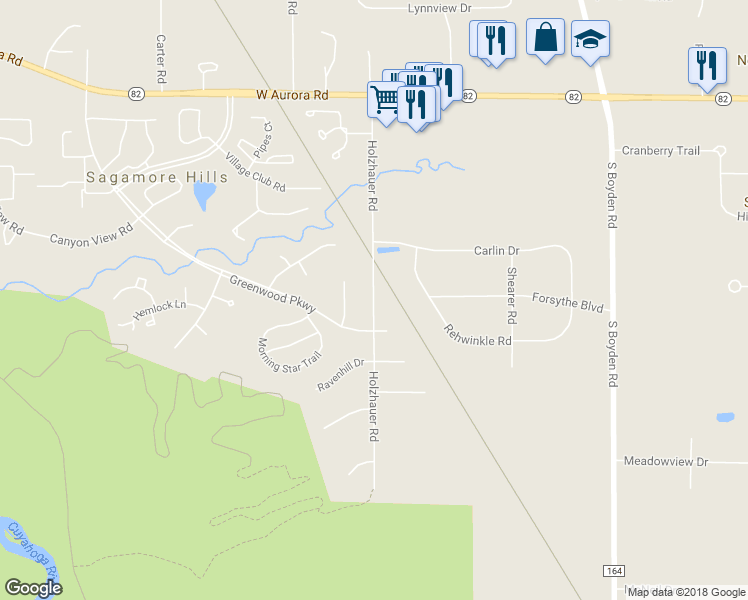 map of restaurants, bars, coffee shops, grocery stores, and more near 7375 Holzhauer Road in Sagamore Hills