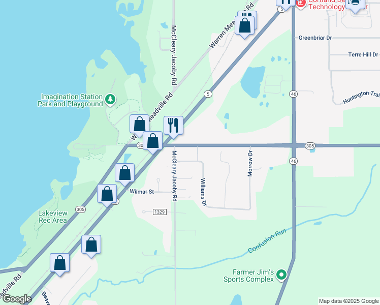 map of restaurants, bars, coffee shops, grocery stores, and more near 2211 Wilson Sharpsville Road in Cortland
