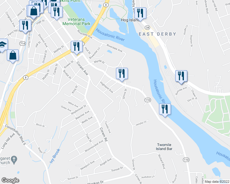 map of restaurants, bars, coffee shops, grocery stores, and more near 30 Chestnut Street in Shelton