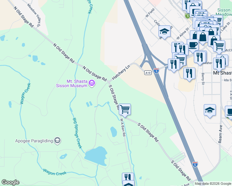 map of restaurants, bars, coffee shops, grocery stores, and more near 18 South Old Stage Road in Mount Shasta