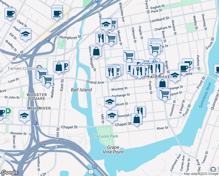 map of restaurants, bars, coffee shops, grocery stores, and more near 397 Grand Avenue in New Haven