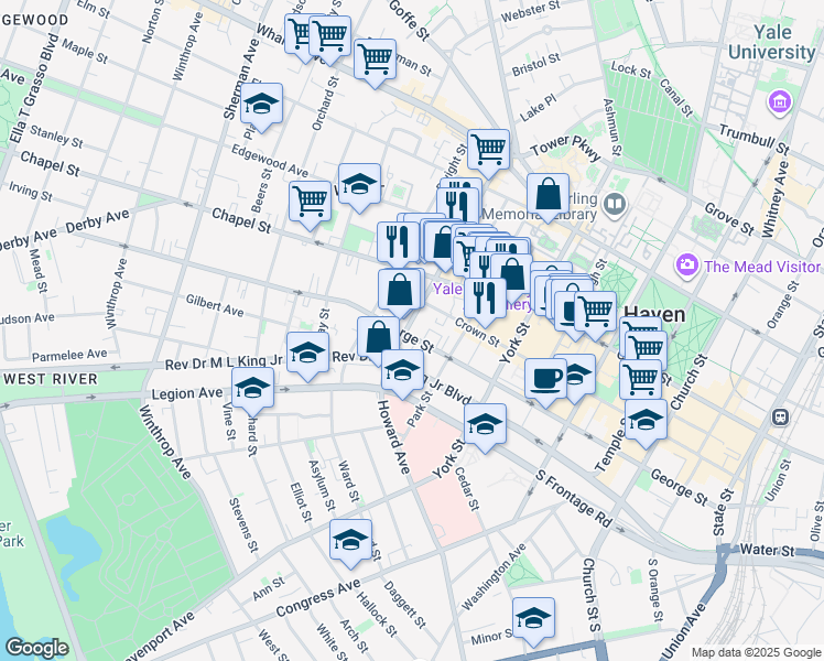 map of restaurants, bars, coffee shops, grocery stores, and more near 416 Crown Street in New Haven