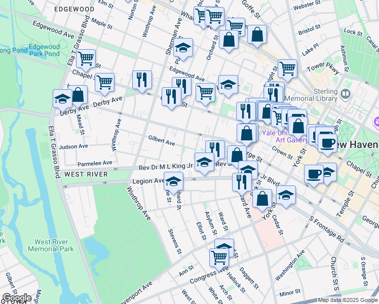 map of restaurants, bars, coffee shops, grocery stores, and more near 255 Orchard Street in New Haven
