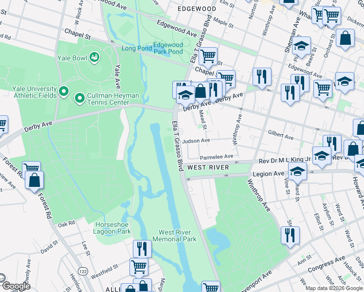 map of restaurants, bars, coffee shops, grocery stores, and more near 115 Judson Avenue in New Haven