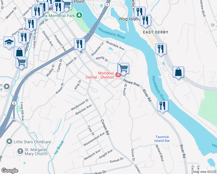 map of restaurants, bars, coffee shops, grocery stores, and more near 25 Crescent Street in Shelton