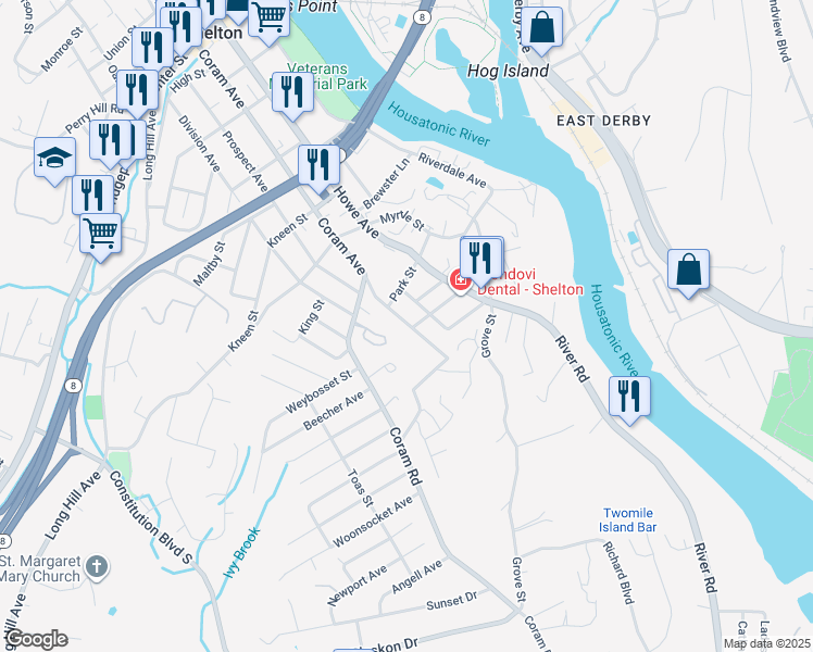 map of restaurants, bars, coffee shops, grocery stores, and more near 54 Highland Avenue in Shelton