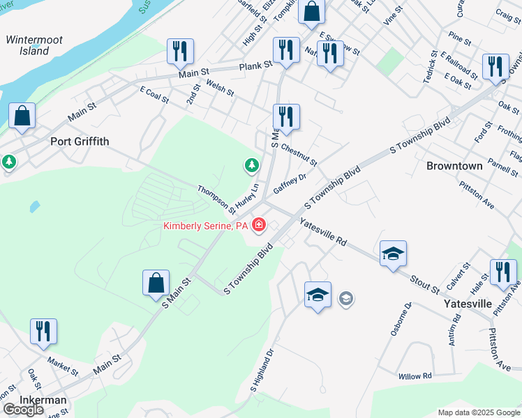 map of restaurants, bars, coffee shops, grocery stores, and more near 473 South Main Street in Pittston