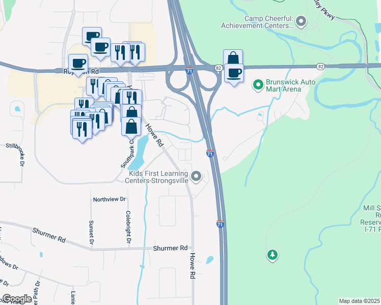 map of restaurants, bars, coffee shops, grocery stores, and more near 100 Lenox Drive in Strongsville