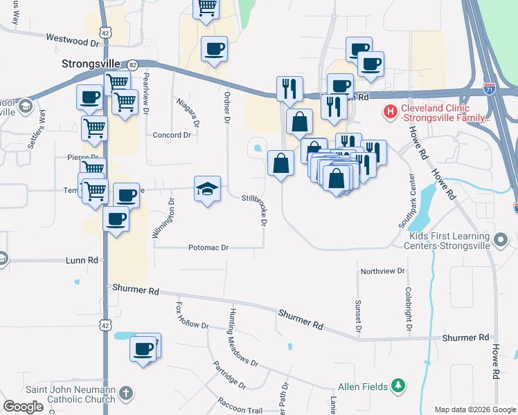map of restaurants, bars, coffee shops, grocery stores, and more near 14729 Settlers Run in Strongsville