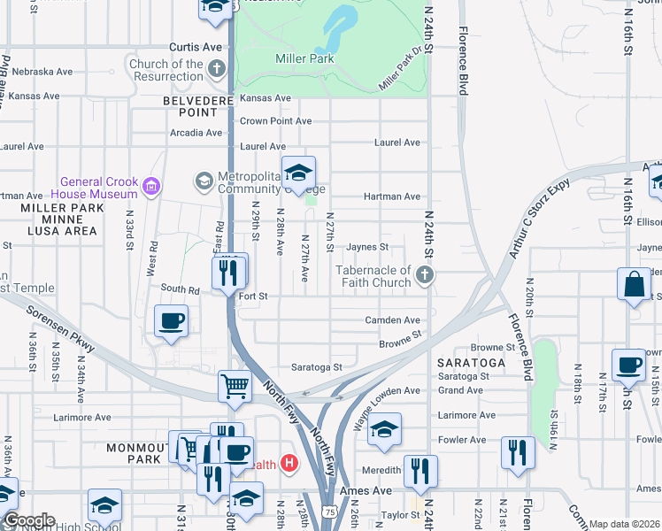 map of restaurants, bars, coffee shops, grocery stores, and more near 5362 North 27th Street in Omaha