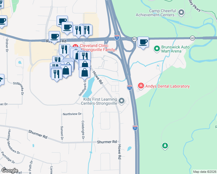 map of restaurants, bars, coffee shops, grocery stores, and more near 14804 Lenox Drive in Strongsville