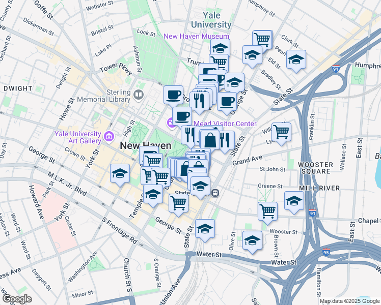 map of restaurants, bars, coffee shops, grocery stores, and more near 31 Church Street in New Haven