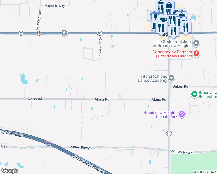 map of restaurants, bars, coffee shops, grocery stores, and more near 9475 Woodchip Lane in Broadview Heights
