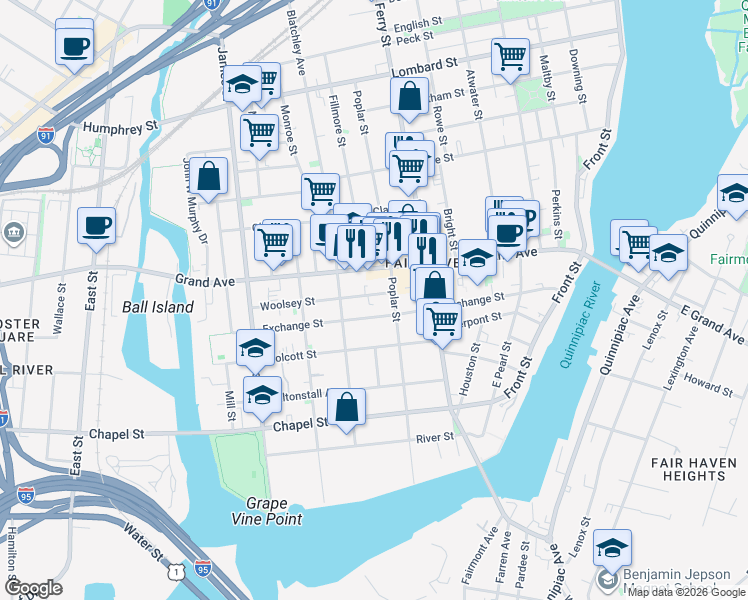 map of restaurants, bars, coffee shops, grocery stores, and more near 244 Poplar Street in New Haven