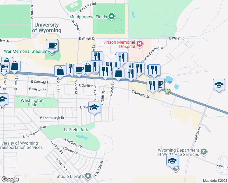 map of restaurants, bars, coffee shops, grocery stores, and more near 2605 East Garfield Street in Laramie