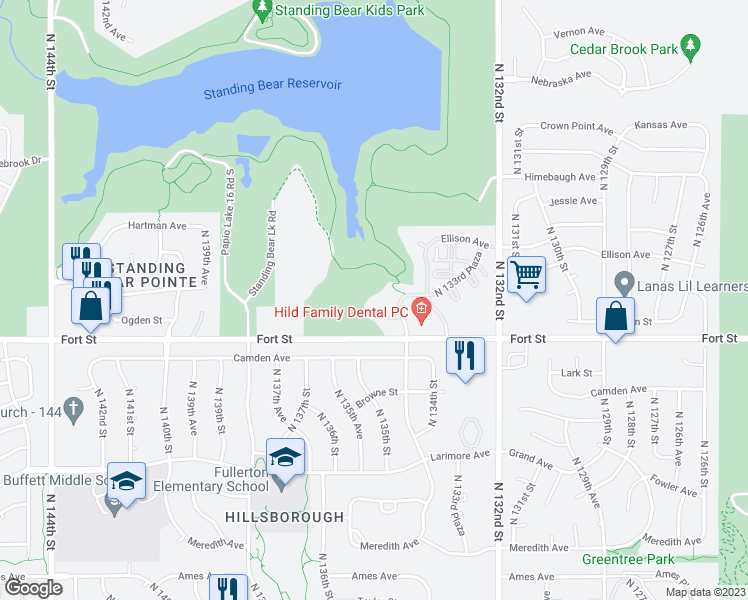 map of restaurants, bars, coffee shops, grocery stores, and more near 13492 Ogden Plaza Circle in Omaha