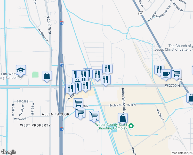 map of restaurants, bars, coffee shops, grocery stores, and more near 1700 West 2700 North in Pleasant View