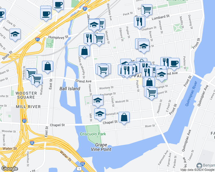 map of restaurants, bars, coffee shops, grocery stores, and more near 75 Woolsey Street in New Haven
