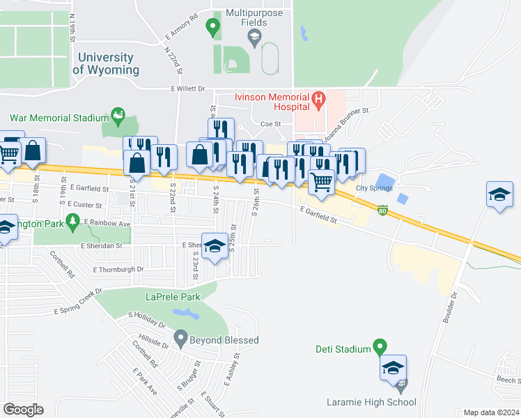 map of restaurants, bars, coffee shops, grocery stores, and more near 409 South 26th Street in Laramie