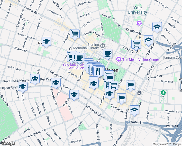 map of restaurants, bars, coffee shops, grocery stores, and more near 1080 Chapel Street in New Haven