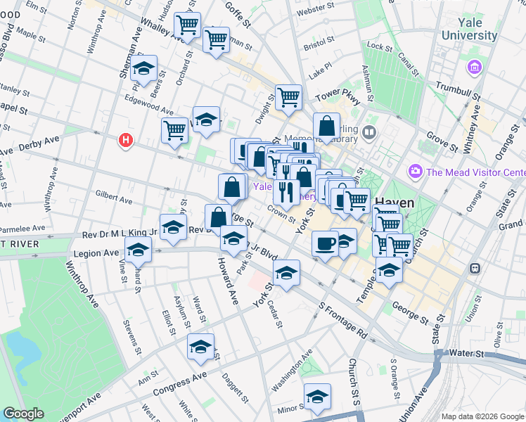 map of restaurants, bars, coffee shops, grocery stores, and more near 379 Crown Street in New Haven