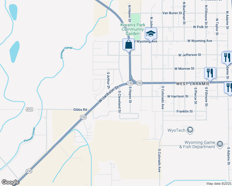 map of restaurants, bars, coffee shops, grocery stores, and more near 2501-2599 West Jackson Street in Laramie
