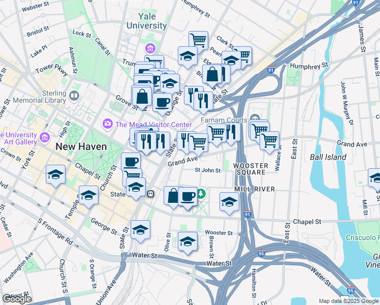 map of restaurants, bars, coffee shops, grocery stores, and more near 83 Lyon Street in New Haven