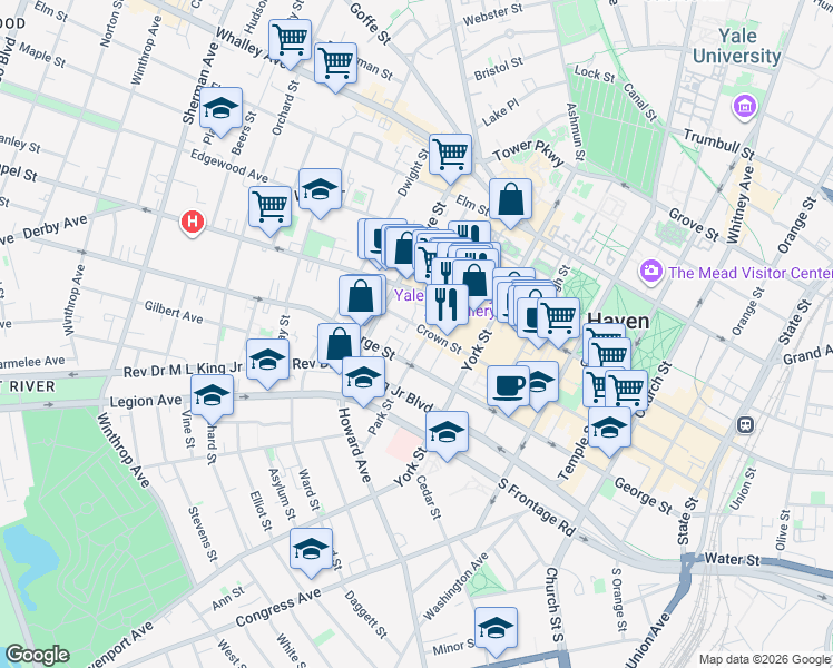 map of restaurants, bars, coffee shops, grocery stores, and more near 379 Crown Street in New Haven