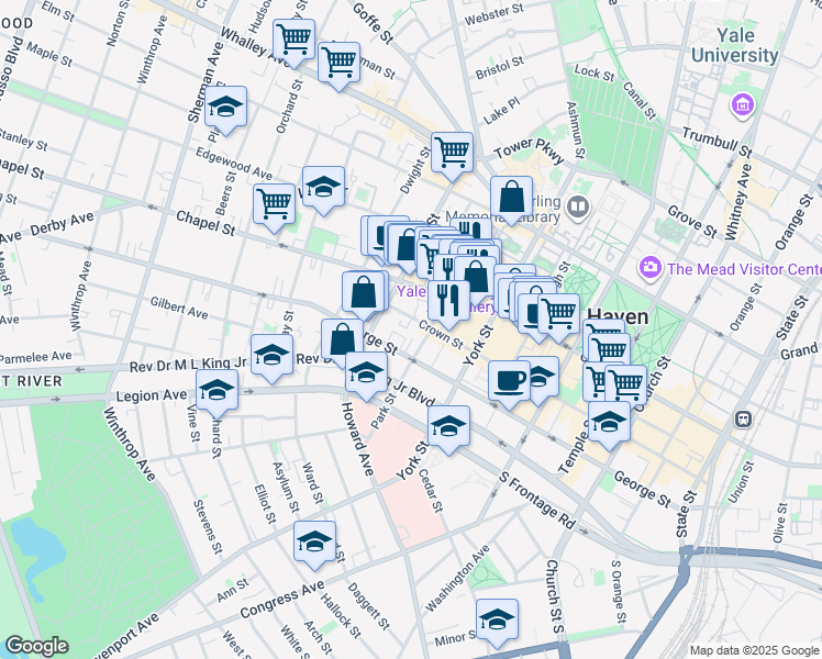 map of restaurants, bars, coffee shops, grocery stores, and more near 379 Crown Street in New Haven