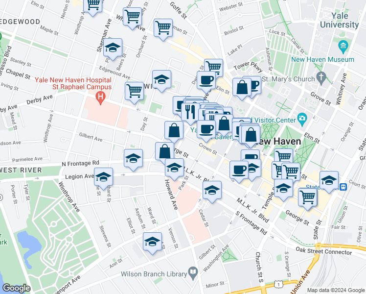 map of restaurants, bars, coffee shops, grocery stores, and more near 416 Crown Street in New Haven