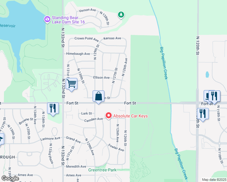 map of restaurants, bars, coffee shops, grocery stores, and more near 5515 North 127th Street in Omaha