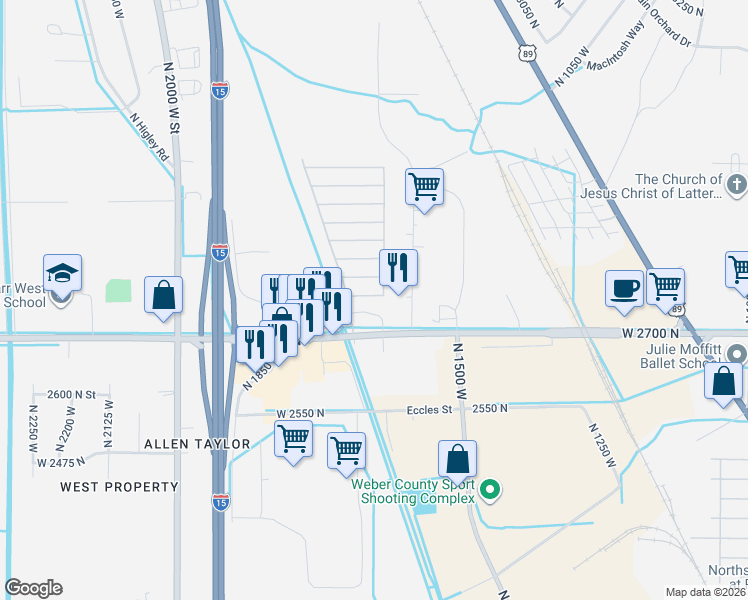 map of restaurants, bars, coffee shops, grocery stores, and more near 1700 West 2700 North in Ogden