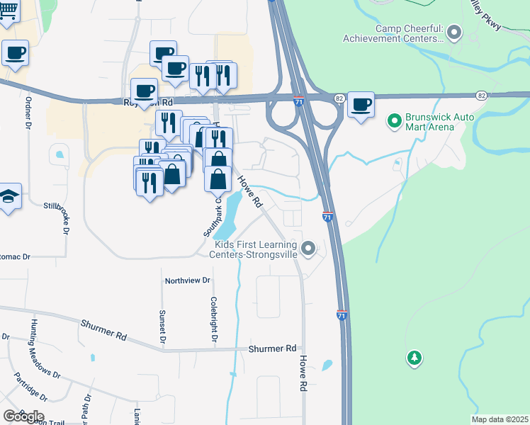 map of restaurants, bars, coffee shops, grocery stores, and more near 14600 Howe Road in Strongsville