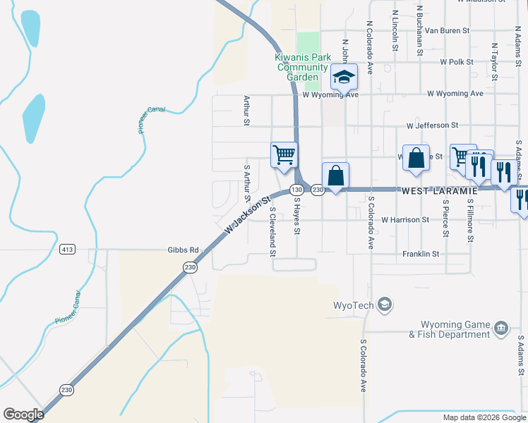 map of restaurants, bars, coffee shops, grocery stores, and more near 2501-2599 West Jackson Street in Laramie