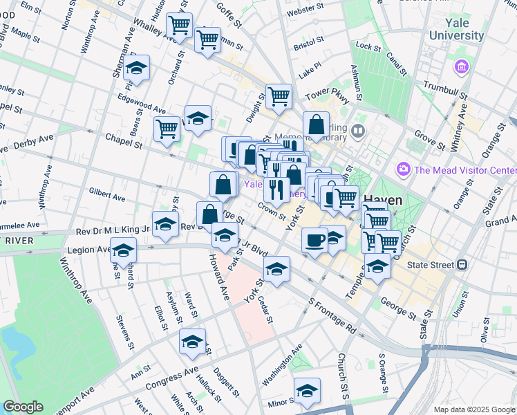 map of restaurants, bars, coffee shops, grocery stores, and more near 378 Crown Street in New Haven