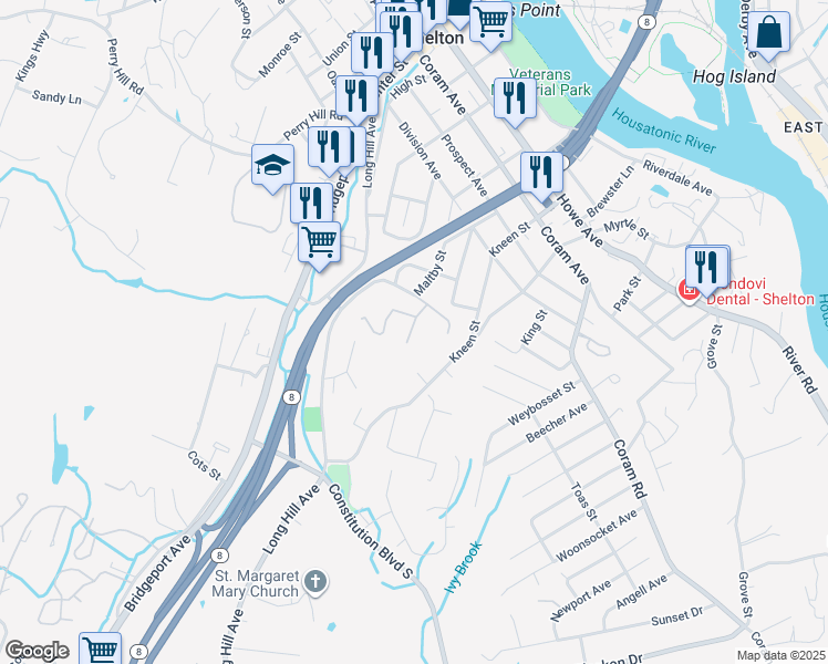 map of restaurants, bars, coffee shops, grocery stores, and more near 56 Wakelee Avenue in Shelton