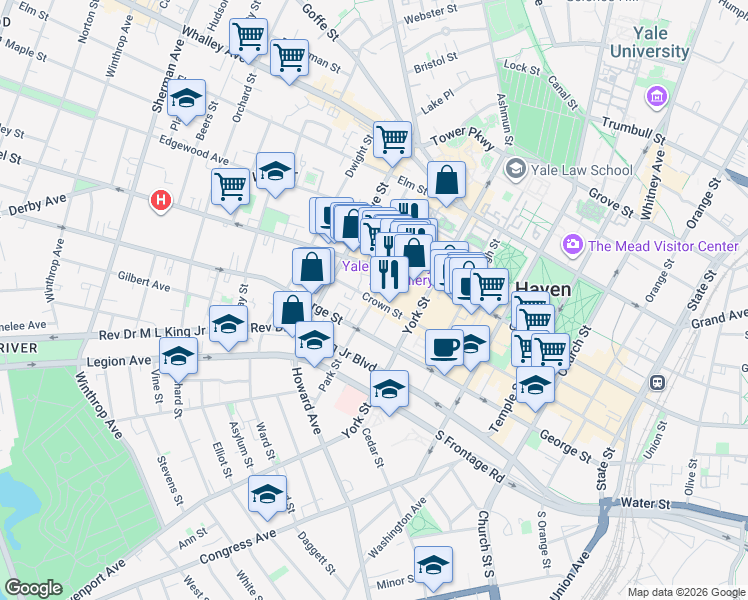 map of restaurants, bars, coffee shops, grocery stores, and more near Crown St & Park St in New Haven