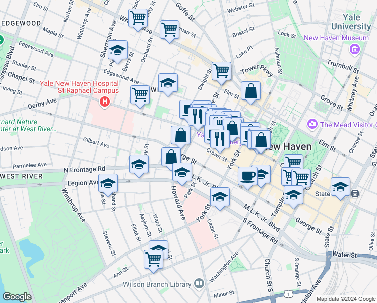 map of restaurants, bars, coffee shops, grocery stores, and more near 33 Howe Street in New Haven