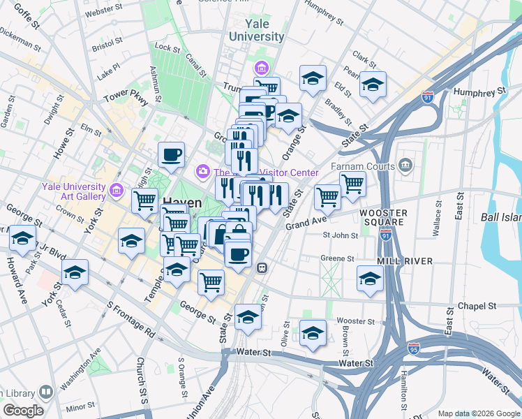 map of restaurants, bars, coffee shops, grocery stores, and more near 265 Orange Street in New Haven