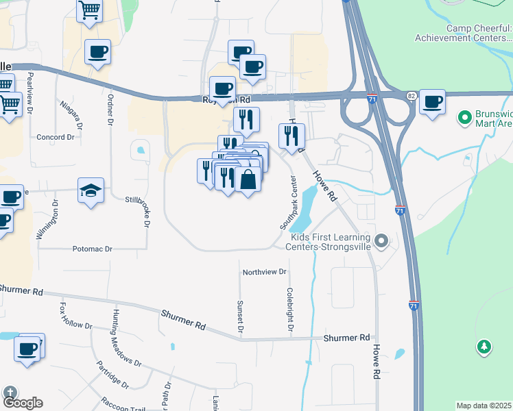map of restaurants, bars, coffee shops, grocery stores, and more near 17271 Southpark Center in Strongsville