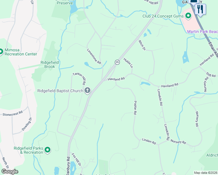 map of restaurants, bars, coffee shops, grocery stores, and more near 2 Haviland Road in Ridgefield