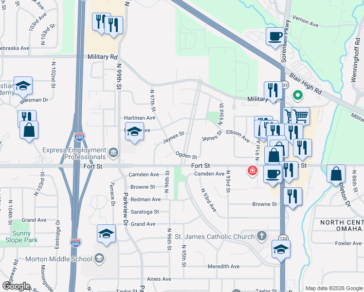 map of restaurants, bars, coffee shops, grocery stores, and more near 5430 North Oaks Boulevard in Omaha