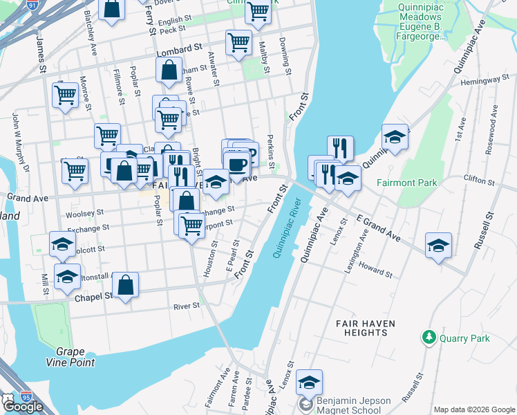 map of restaurants, bars, coffee shops, grocery stores, and more near 57 Exchange Street in New Haven