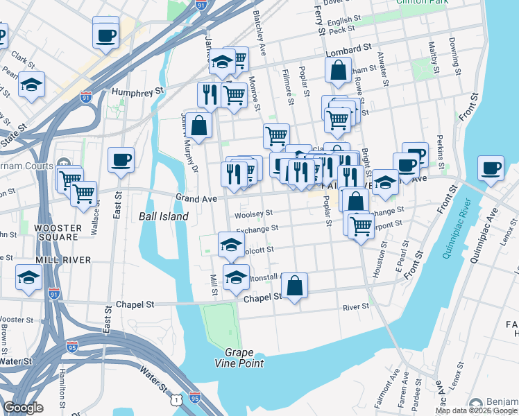 map of restaurants, bars, coffee shops, grocery stores, and more near in New Haven