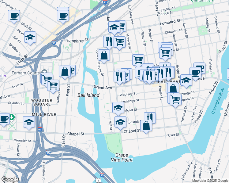 map of restaurants, bars, coffee shops, grocery stores, and more near 397 Grand Avenue in New Haven