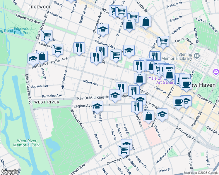 map of restaurants, bars, coffee shops, grocery stores, and more near 255 Orchard Street in New Haven